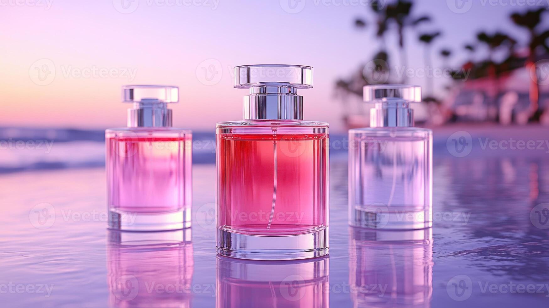 Three vibrant perfume bottles stand gracefully on wet sand during sunset photo