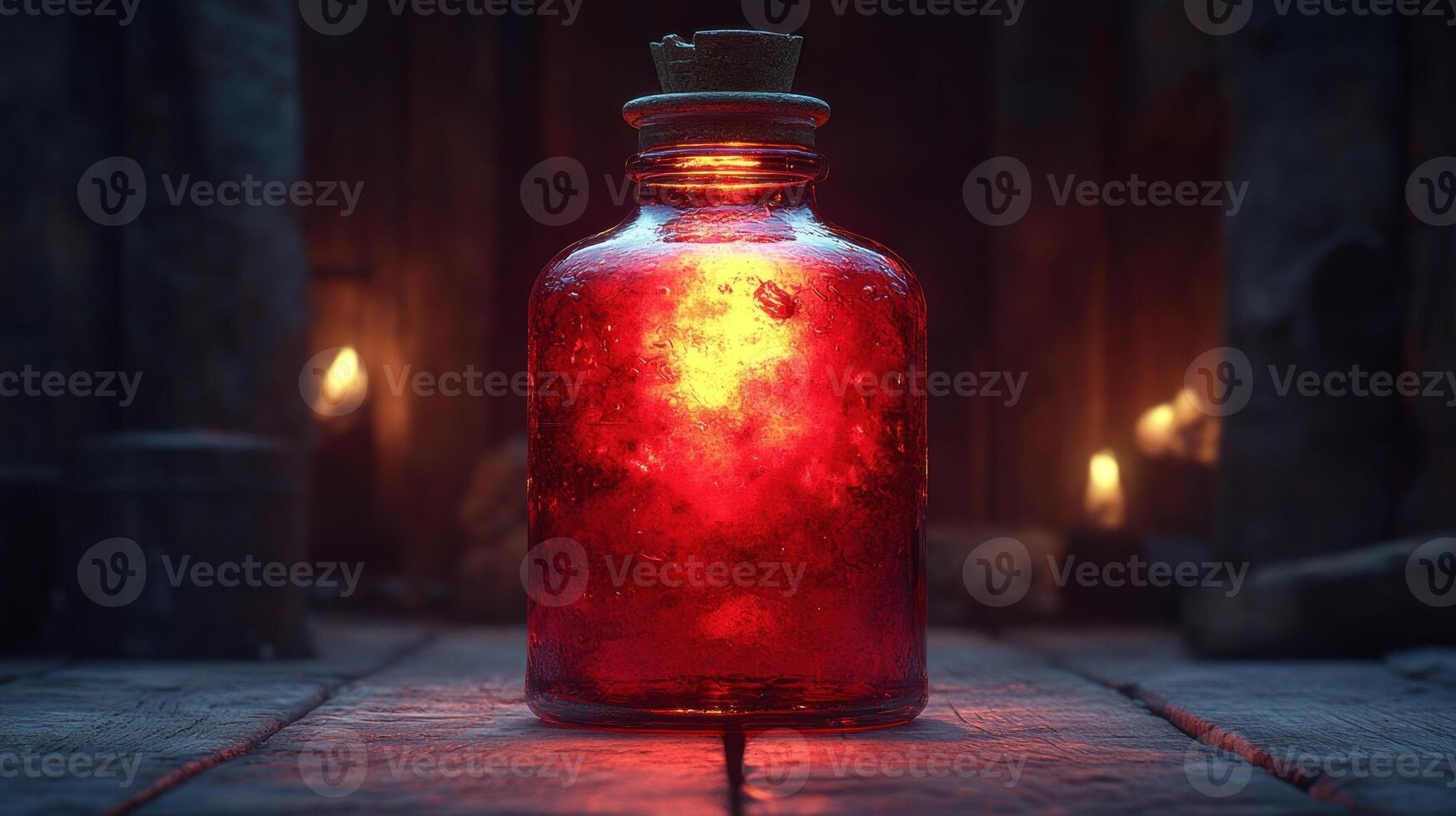 A vibrant red potion glows warmly in a dim, candle-lit environment photo