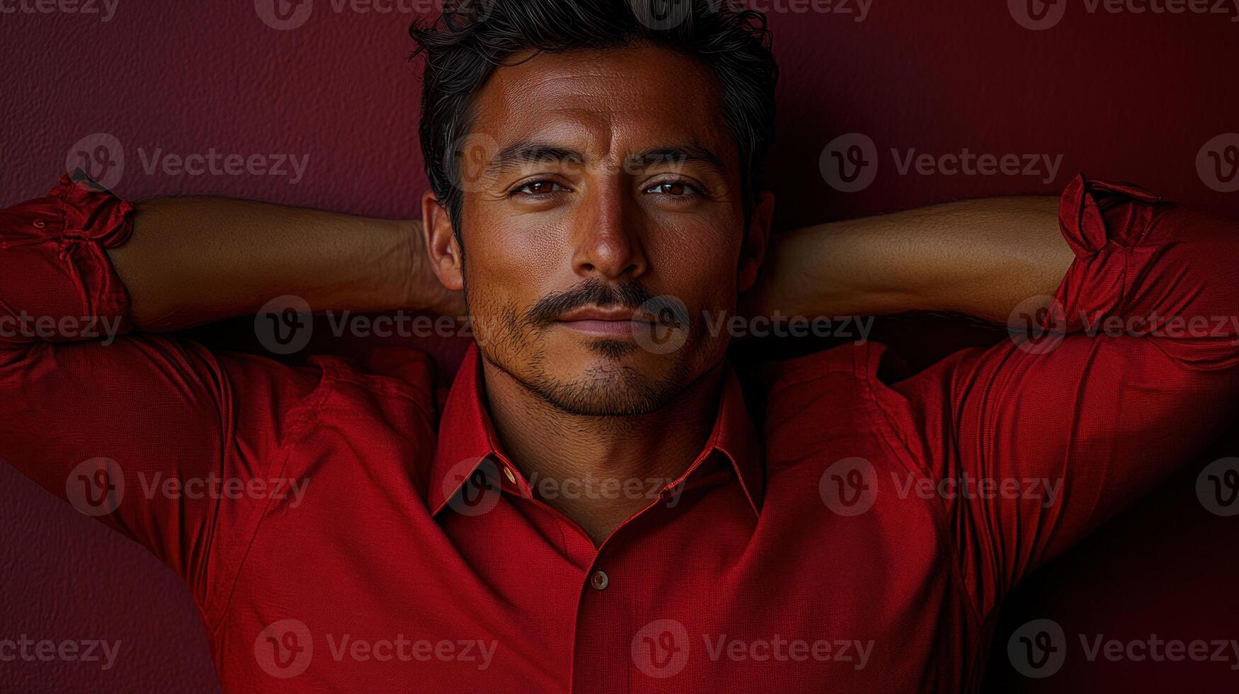 A man in a vibrant red shirt leans back with a relaxed expression against a rich red wall photo
