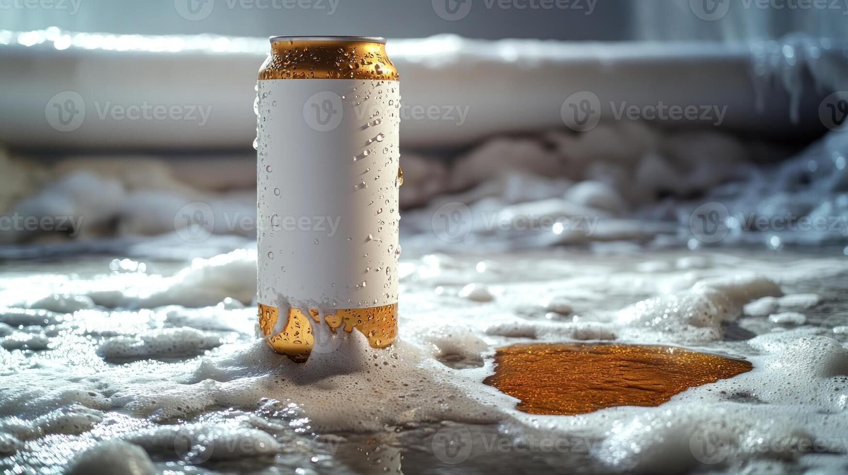 A beverage can stands proudly in a bubbly bath, glistening with droplets of water photo