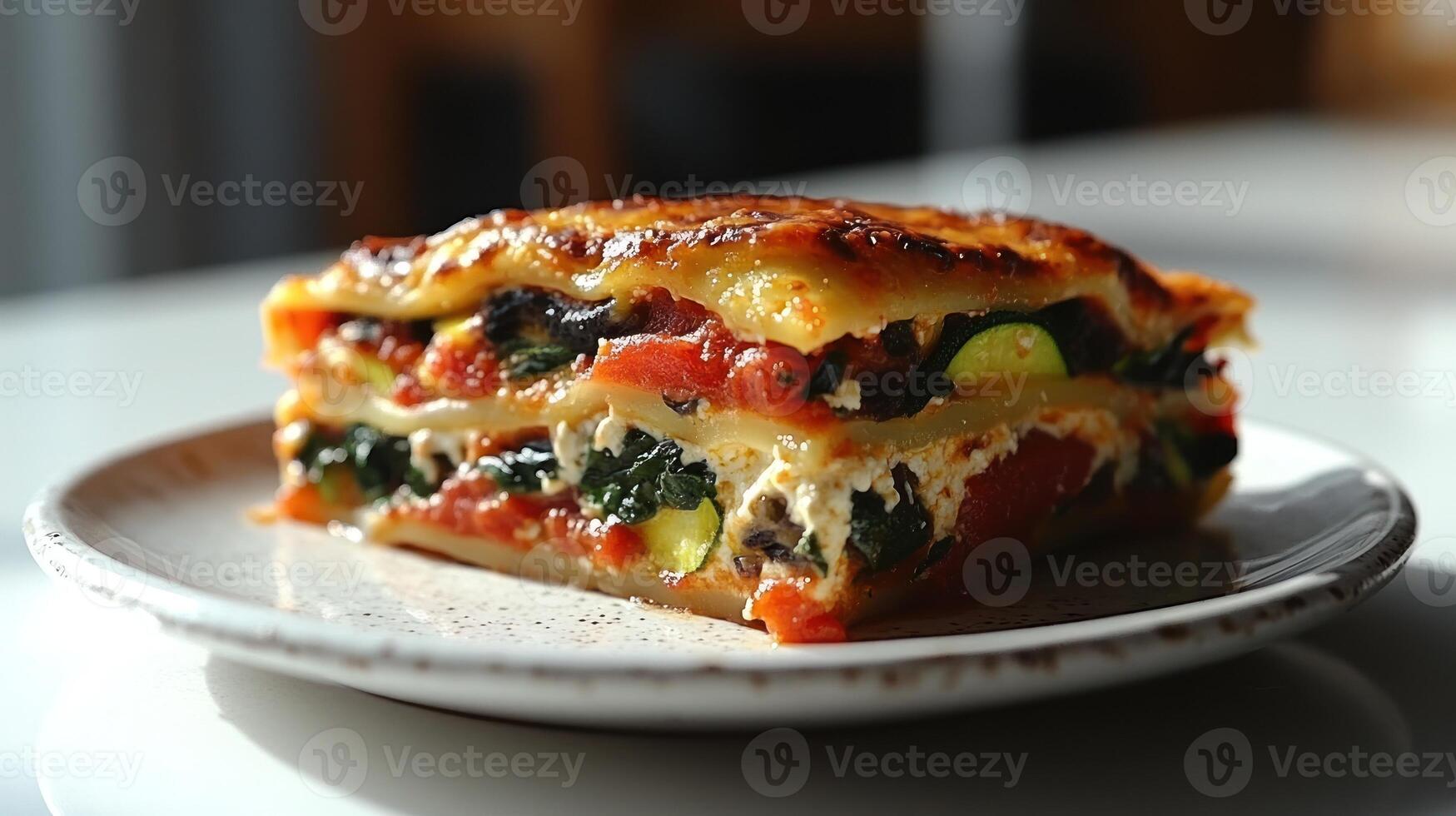 A delicious slice of veggie lasagna, filled with fresh ingredients and baked perfectly photo