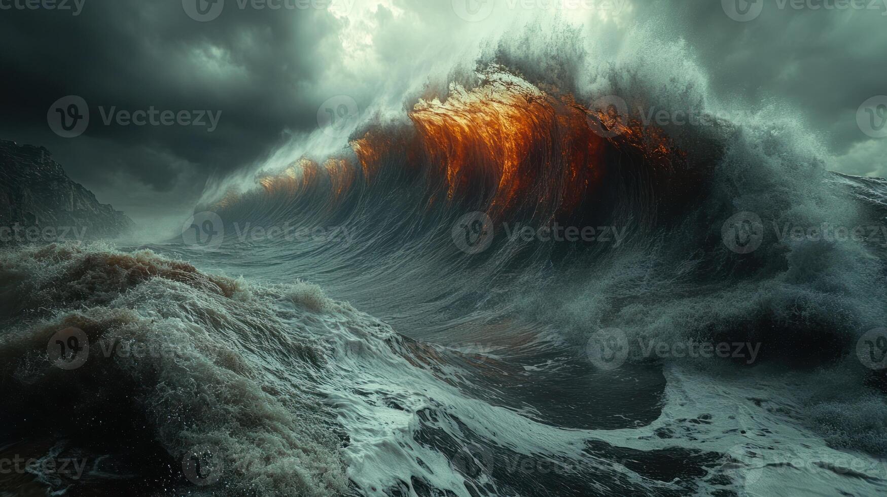 Majestic waves crash with fiery hues, surrounded by dark, tumultuous clouds photo