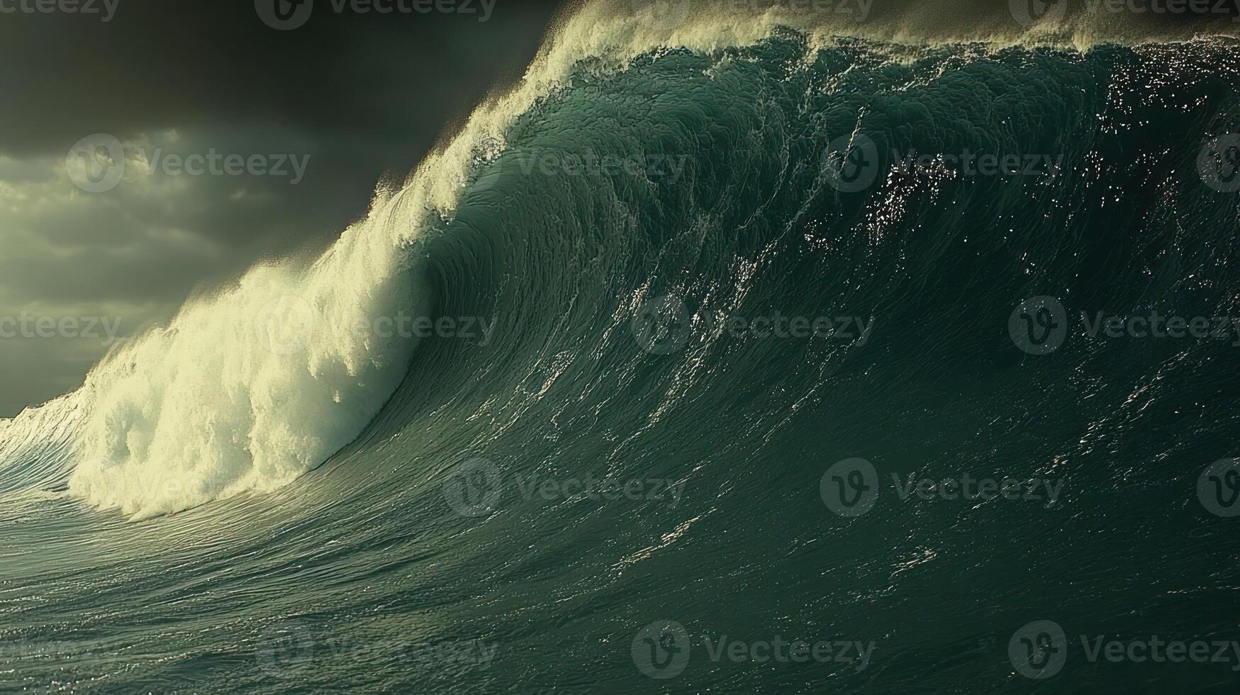 A powerful wave tumbles gracefully, capturing the beauty of nature's forces at dusk photo