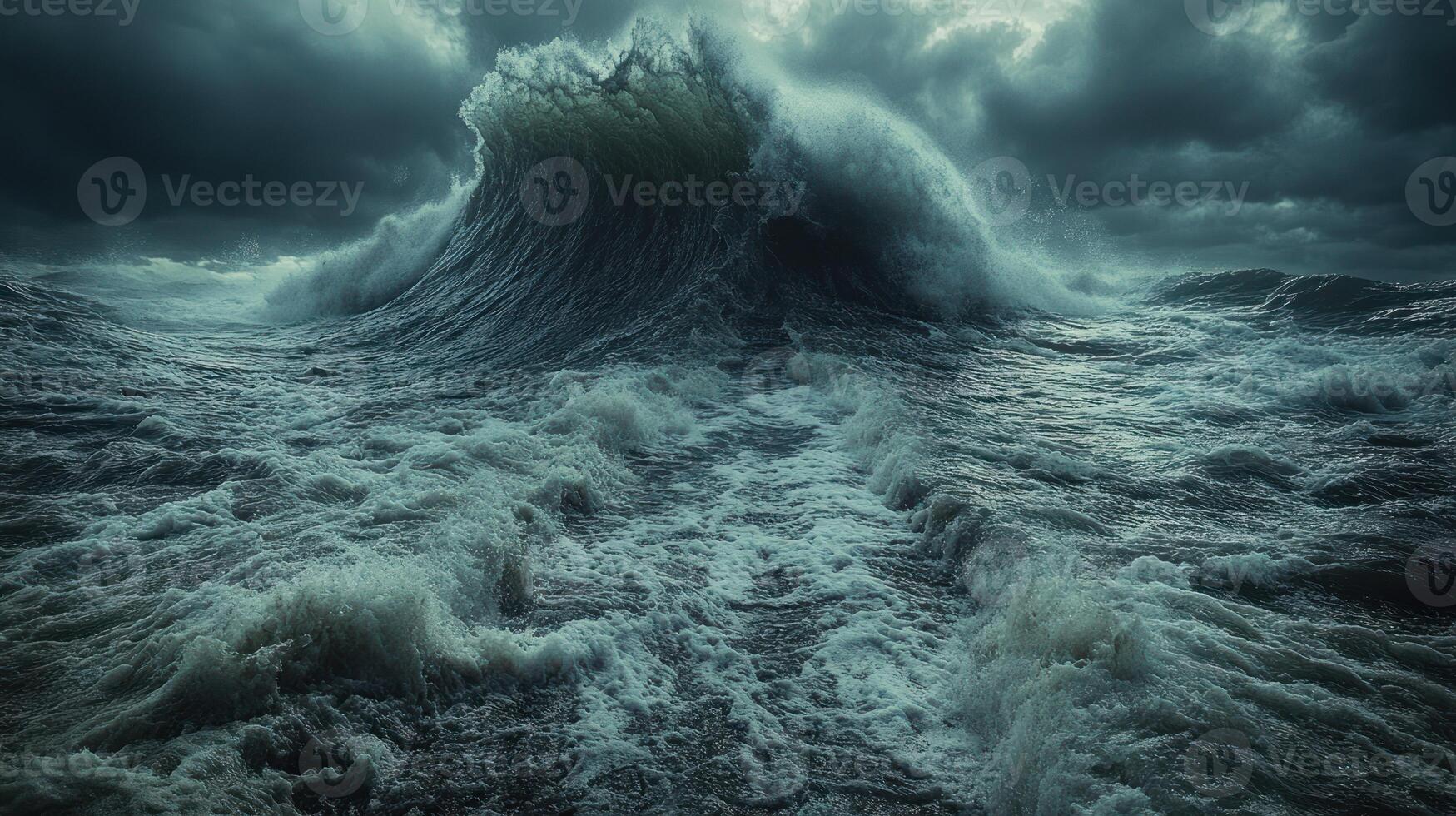 A magnificent wave rises dramatically, showcasing nature's power amidst darkening skies photo