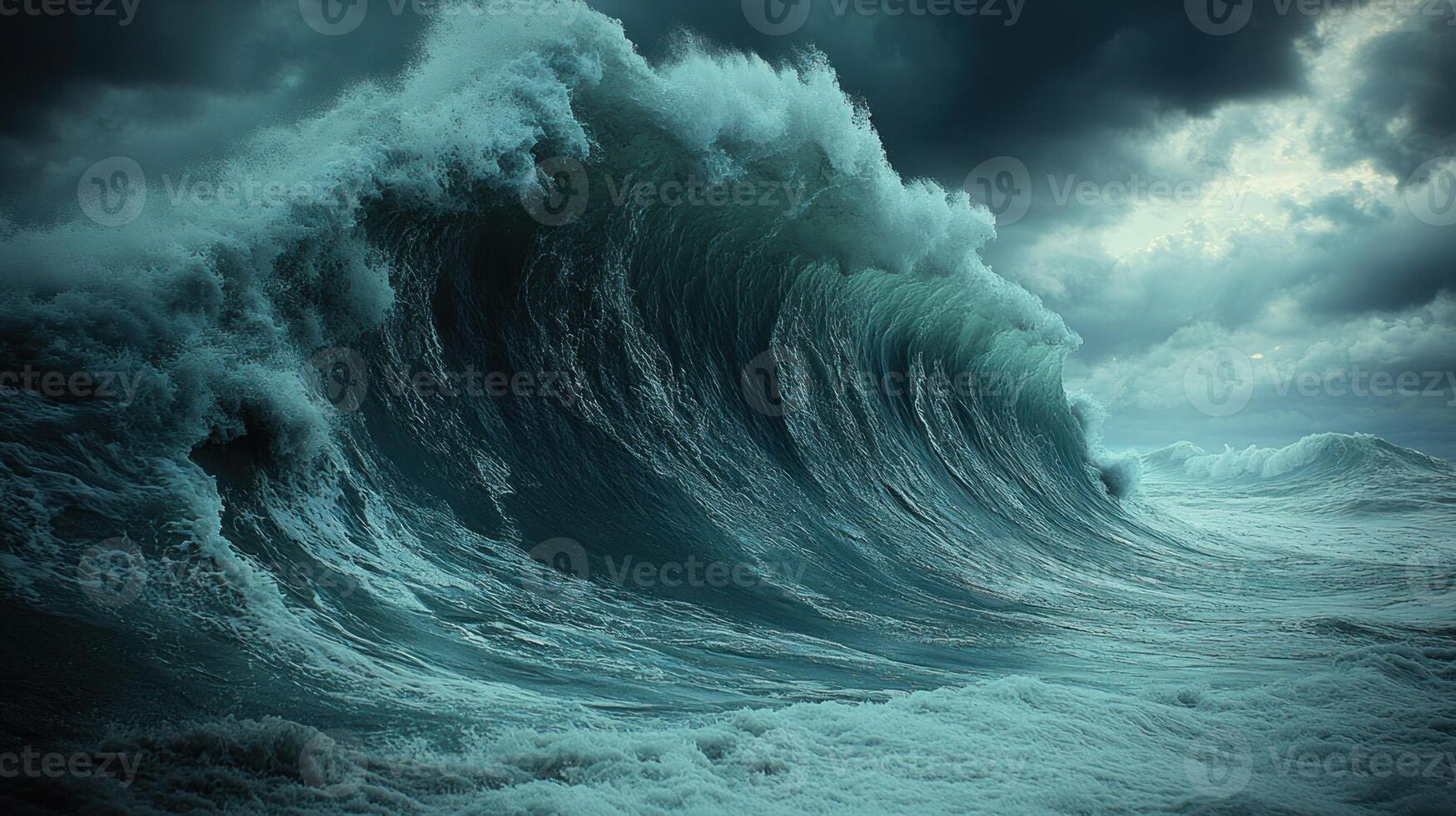 Waves crash under dark clouds, revealing nature's raw beauty and power photo