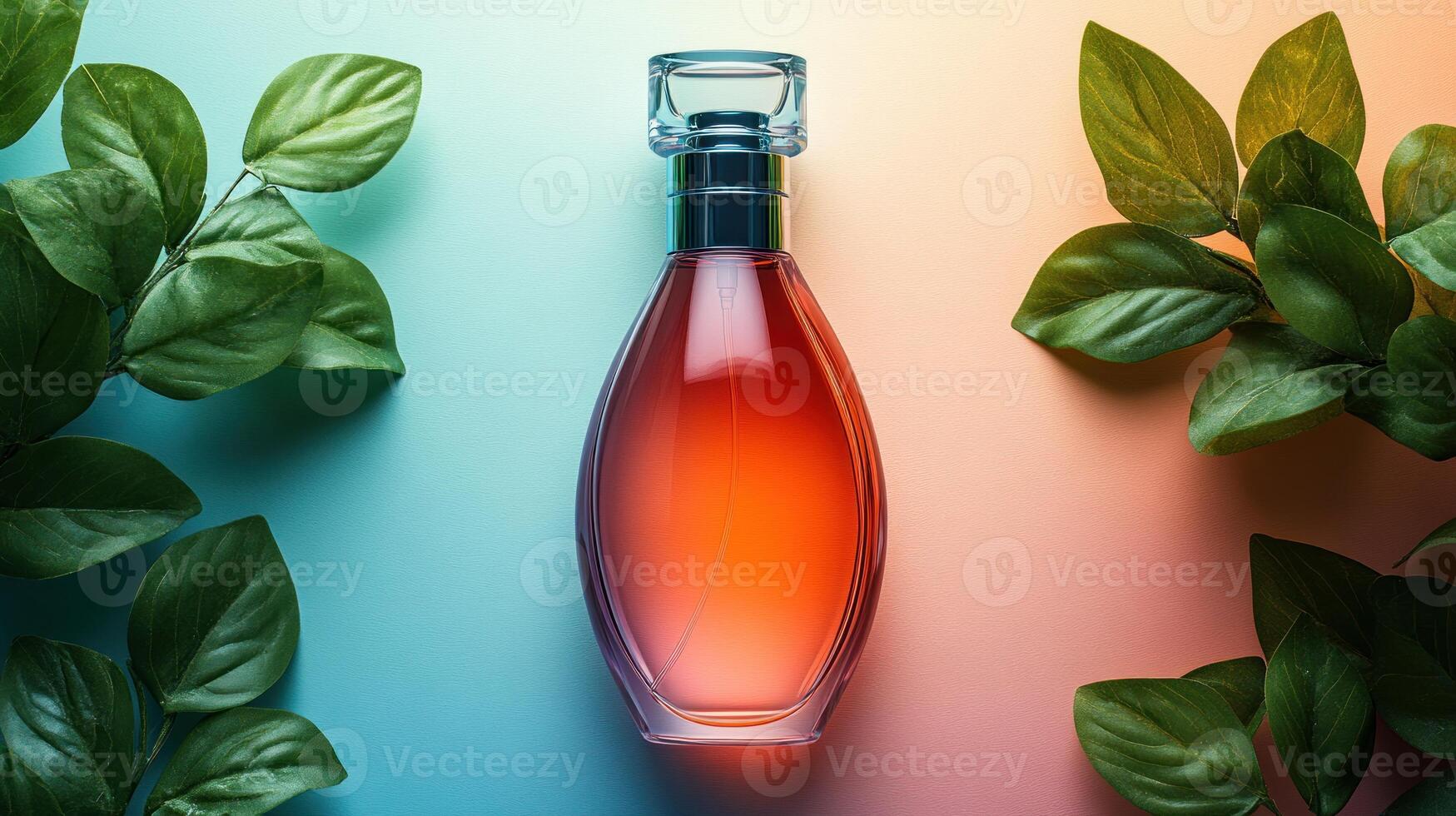 A stunning fragrance bottle rests among fresh, vibrant greenery under soft light photo