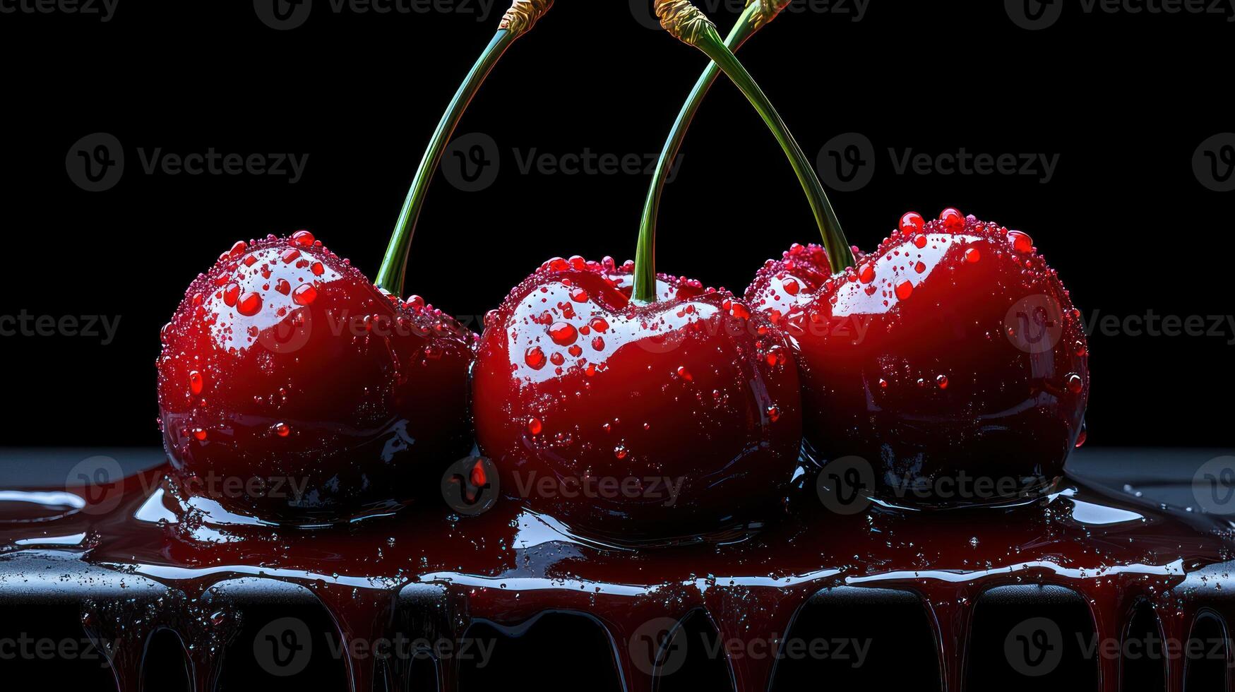 Three glossy cherries coated in rich chocolate syrup, sparkling with moisture and allure photo