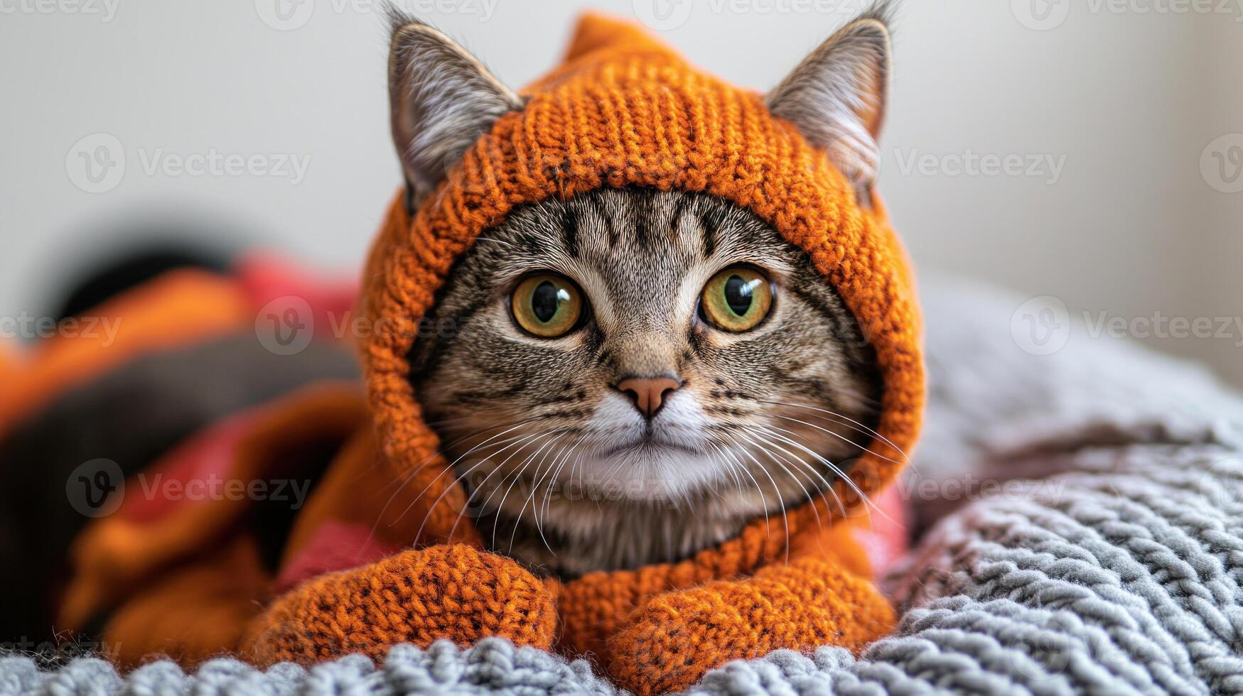 A fluffy feline enjoys warmth in a bright orange hoodie while resting comfortably photo