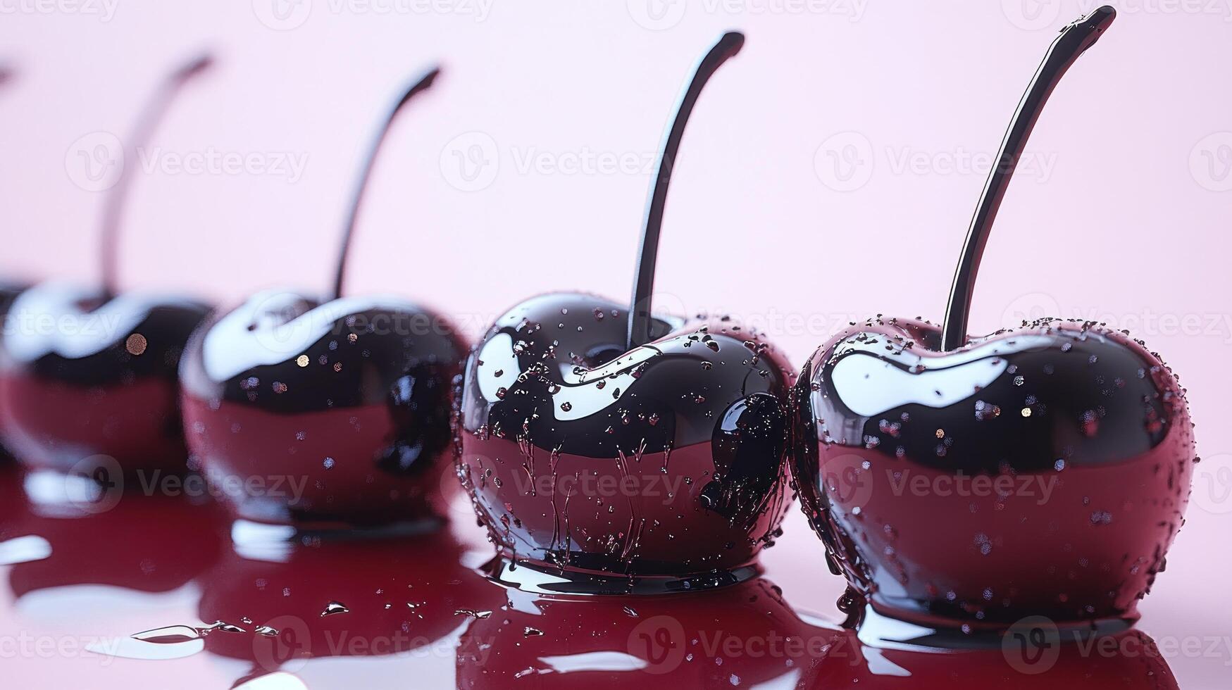 Lustrous cherries arranged in a line sparkle against a soft pink background photo