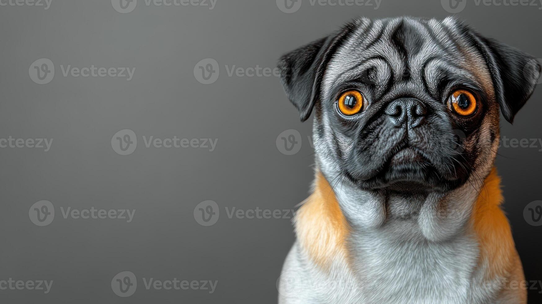A cute pug gazes curiously, showcasing its unique orange eyes and wrinkled face photo