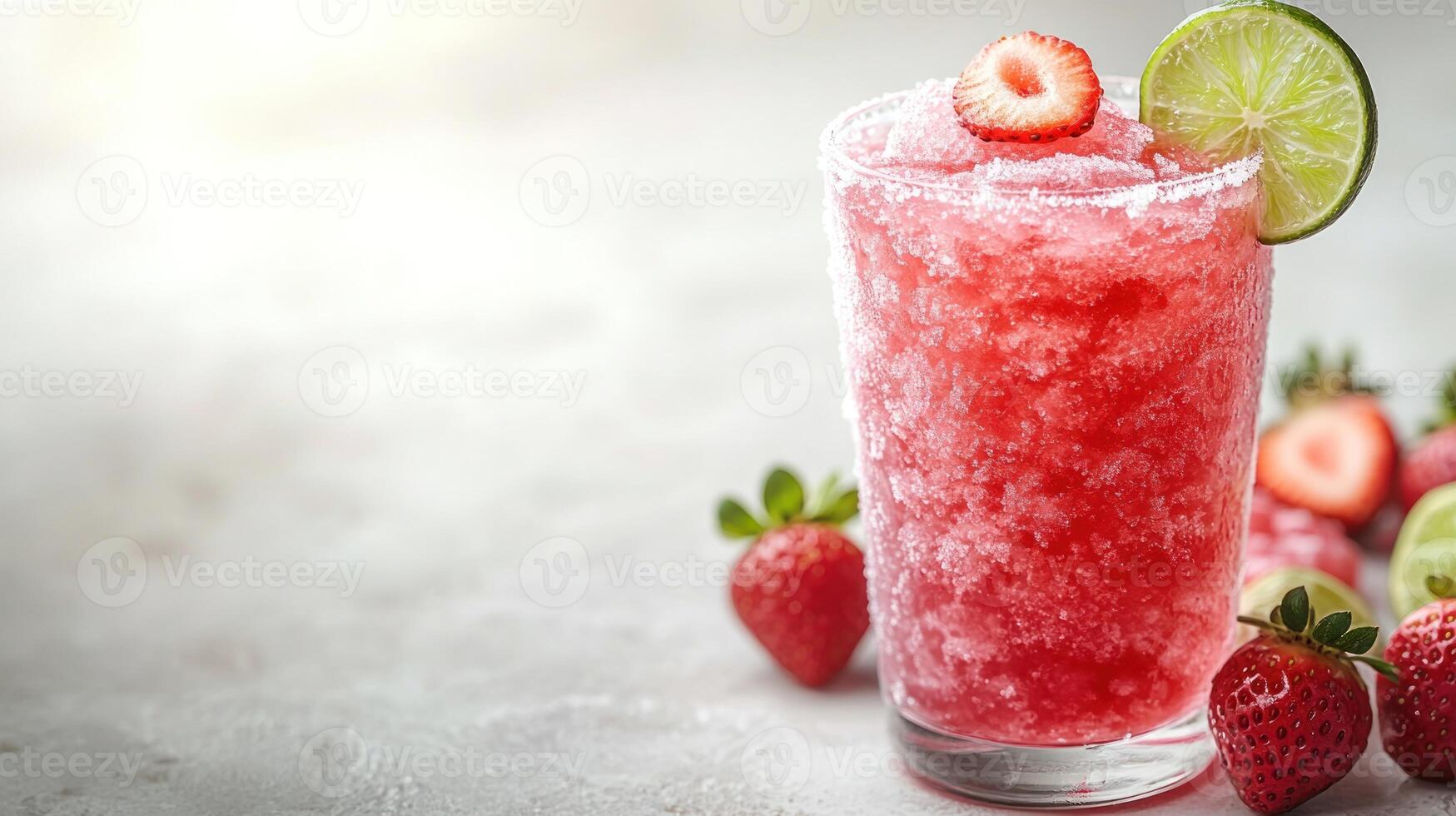 A colorful slush made of strawberries and lime garnished with fruit photo