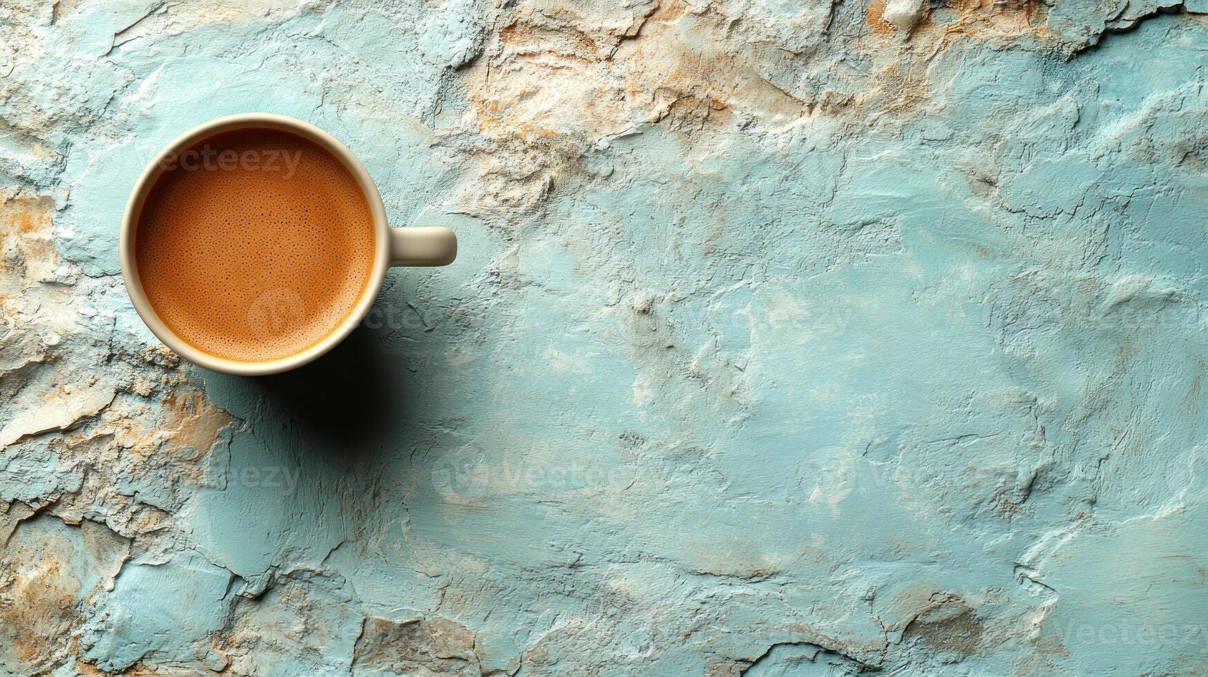 A warm cup of coffee is placed on a textured blue surface, inviting relaxation photo