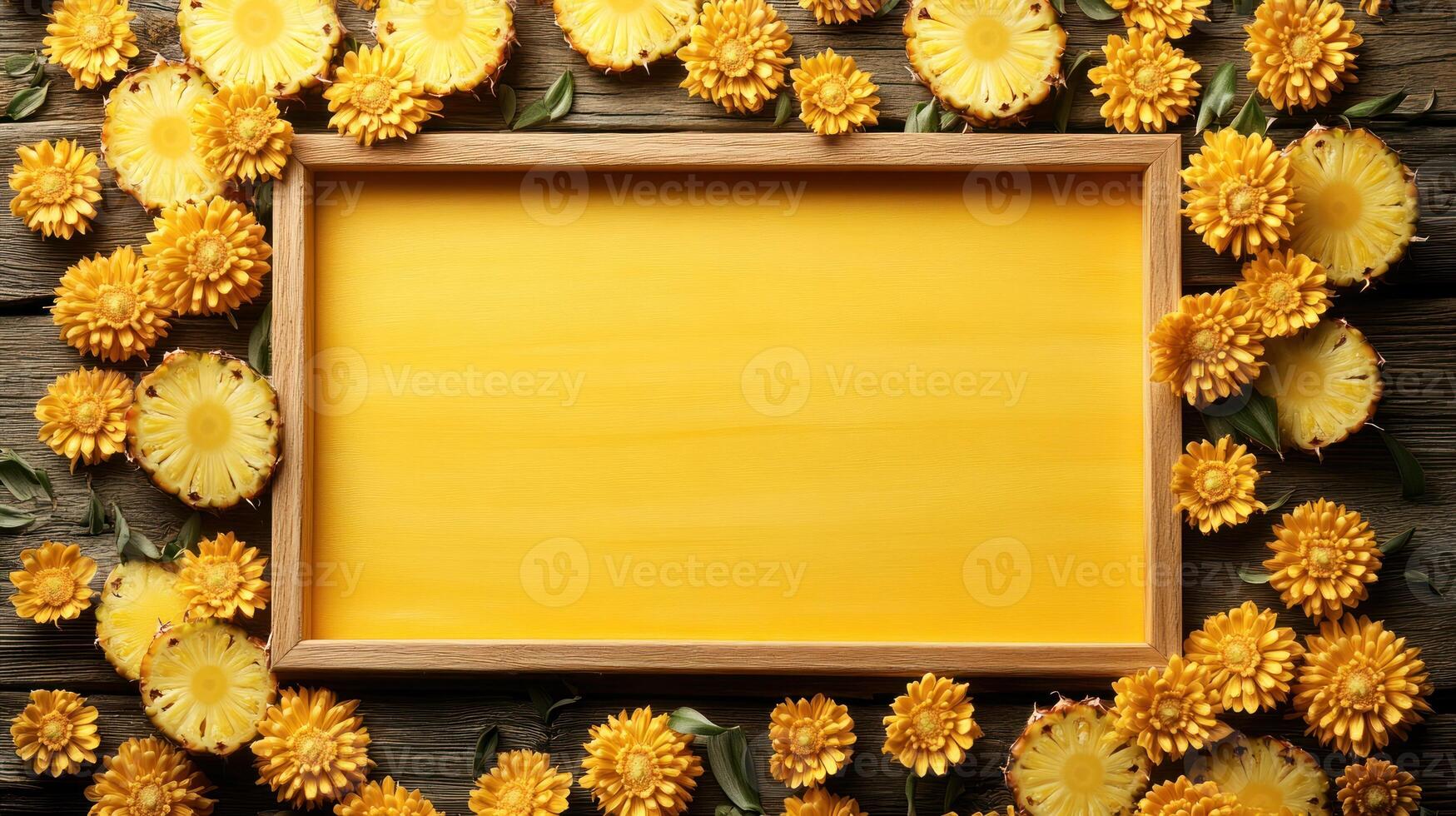 Bright yellow flowers surround a wooden frame, creating a cheerful and inviting ambiance photo