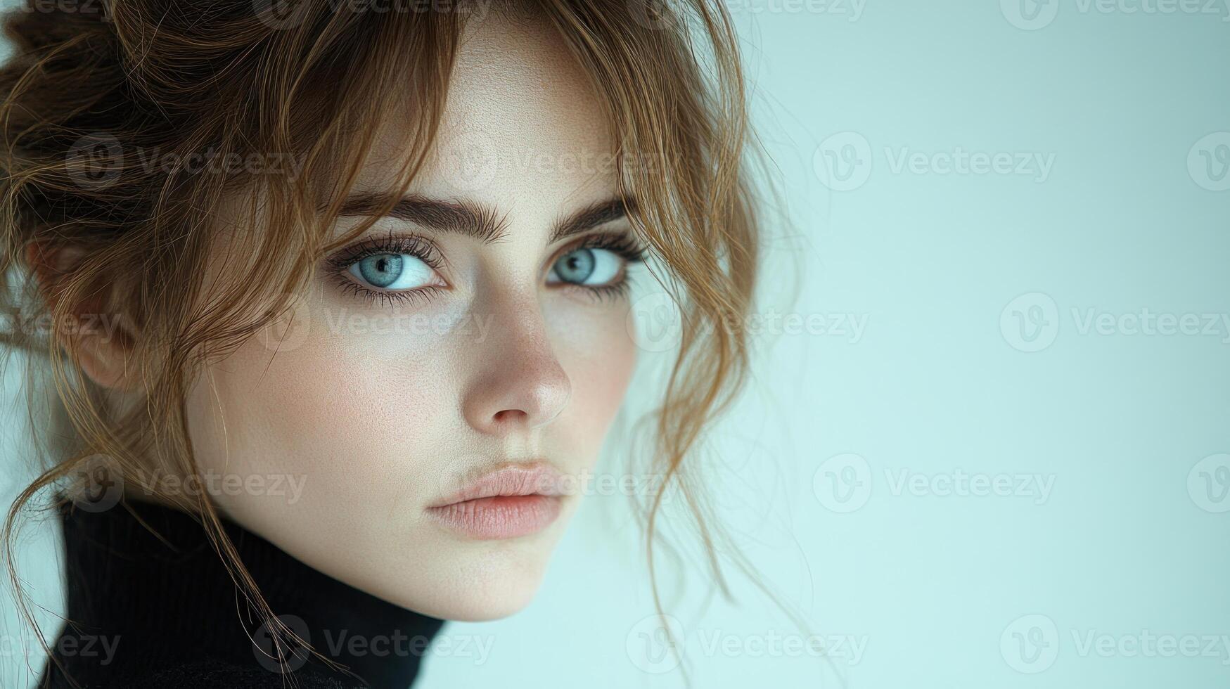 A young woman gazes thoughtfully with piercing blue eyes against a soft backdrop photo