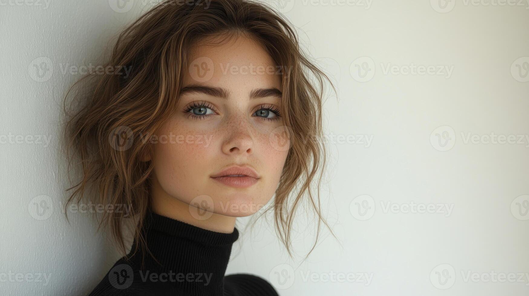 A thoughtful young woman poses gracefully with soft lighting illuminating her features photo