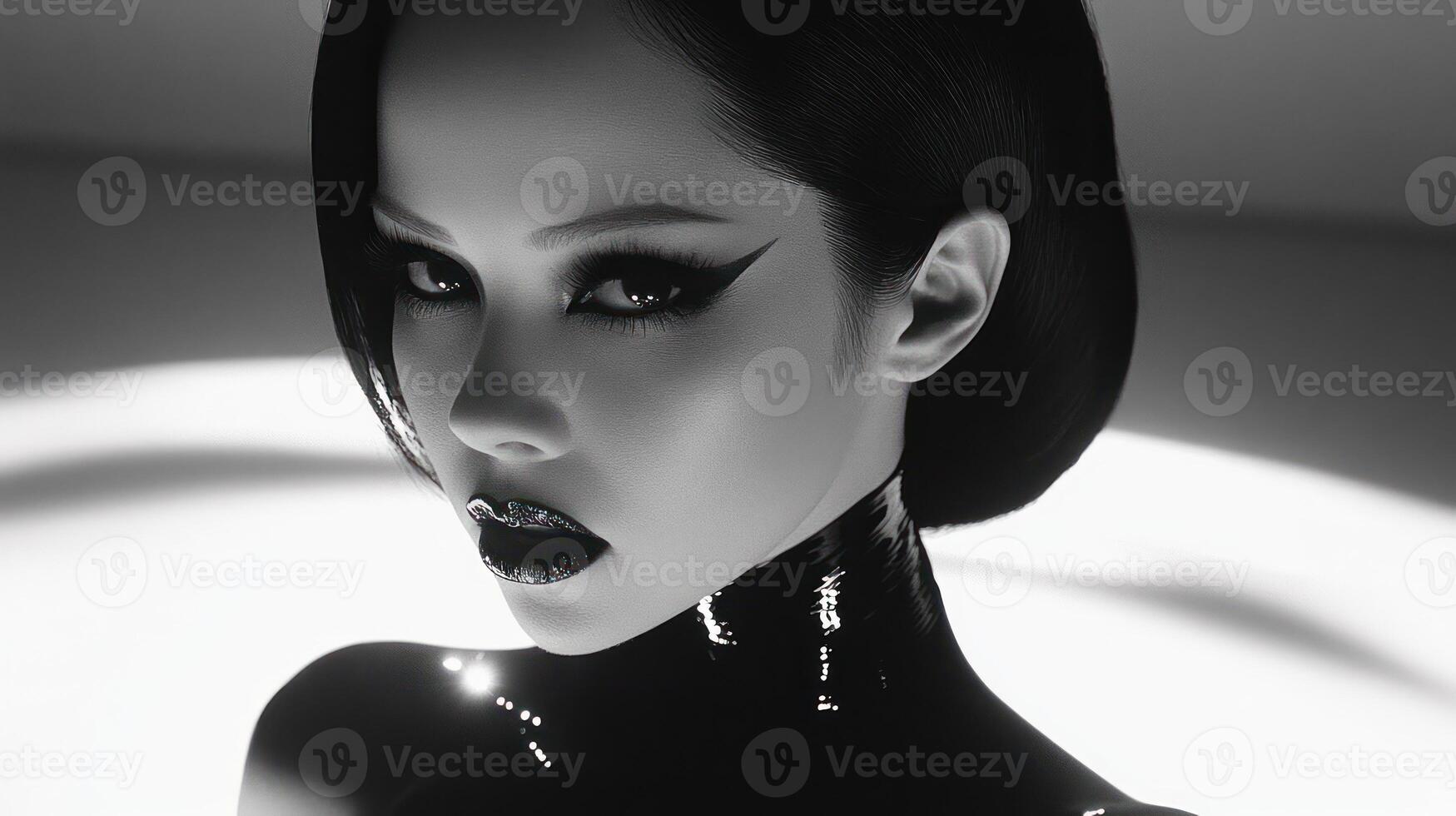 The model exudes confidence with bold makeup and an artistic light backdrop photo