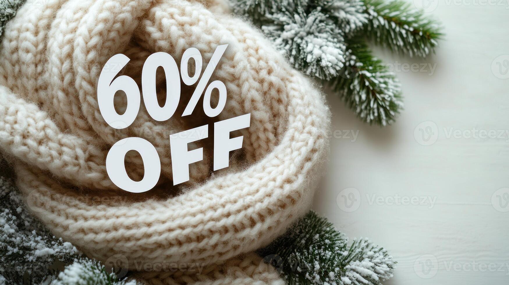 A cozy scarf lies in snowy pines, highlighting a cheerful discount photo