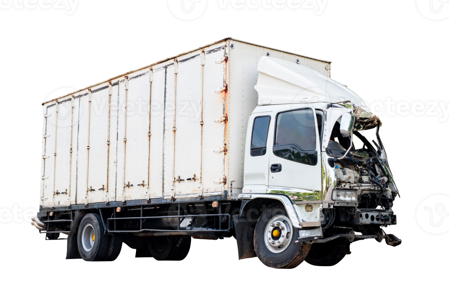 Full body of Front and side view old big truck get damaged by accident on the road. damaged cars after collision. isolated on transparent background, File png