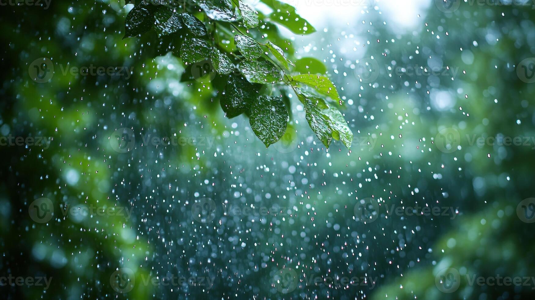 Soft rain falls on leaves, creating a soothing ambiance in the green wilderness photo