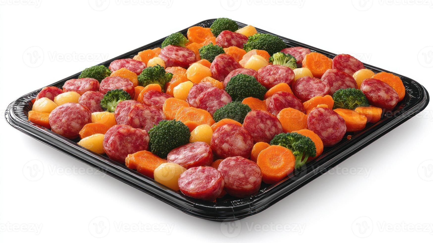 Colorful vegetables accompany hearty sausage, perfect for a wholesome feast photo