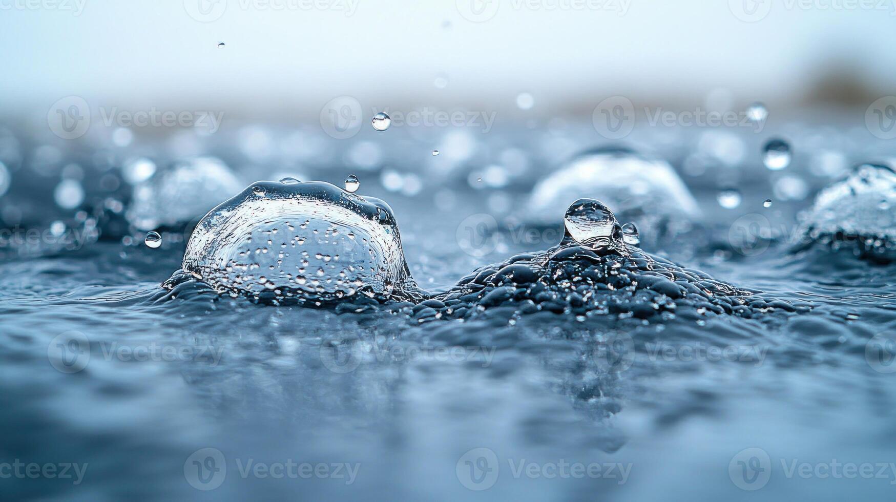 Droplets dance and create ripples on the tranquil water's surface at dawn photo