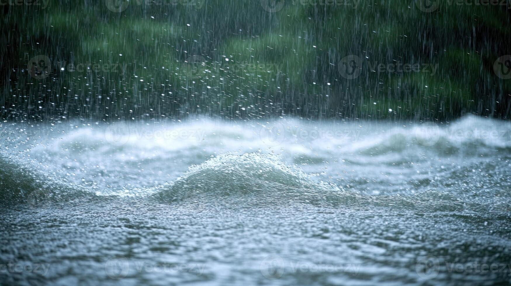 Gentle raindrops create ripples across the calm water under a fading light photo
