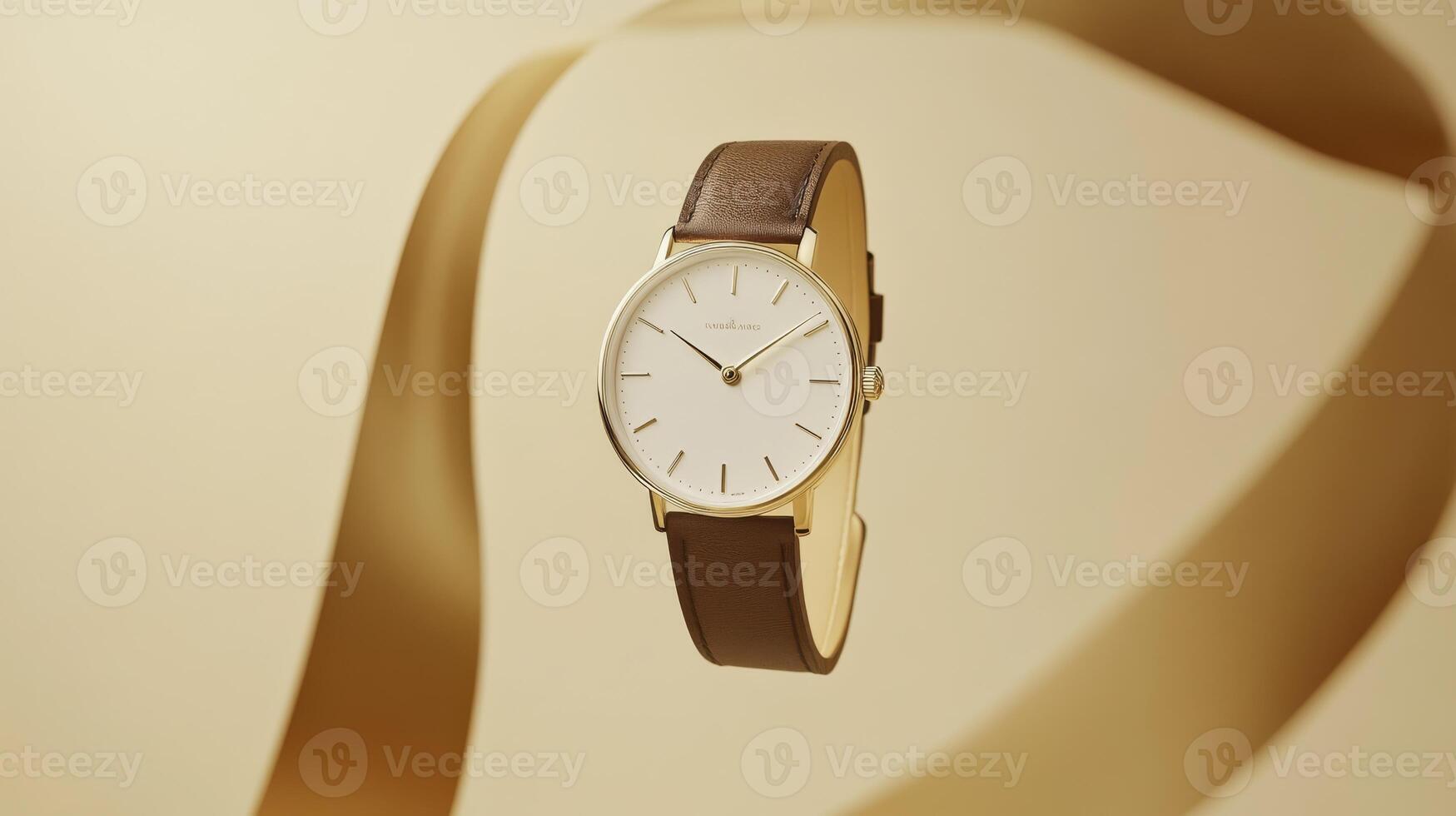This luxurious gold watch boasts a white dial and a brown leather strap, elegantly displayed on a beige background with decorative ribbons, making it a sophisticated timepiece for any occasion photo
