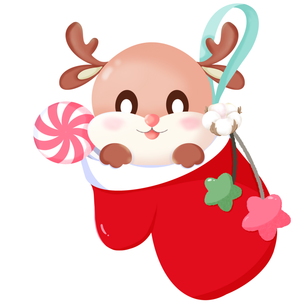 A cute reindeer character peeking out of a Christmas glove. png