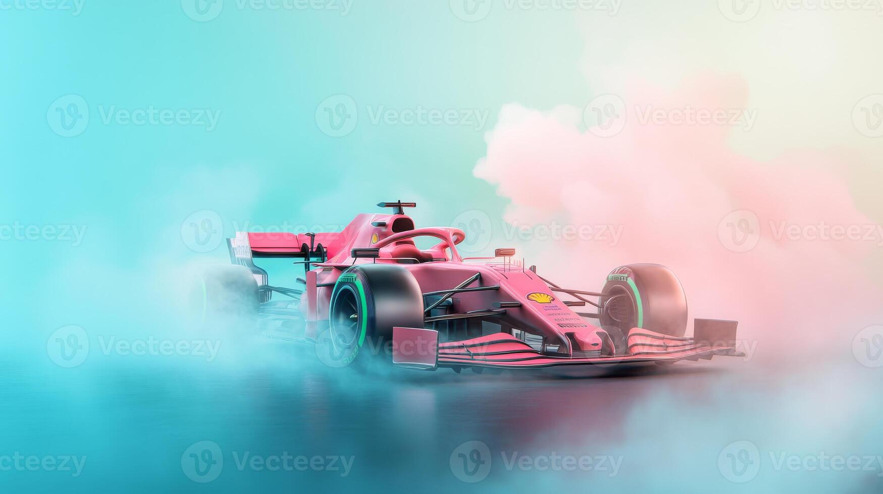 A highspeed Formula 1 race car skillfully maneuvering through a dynamic and vibrant backdrop filled with smoke, showcases its immense power and precision within the exhilarating world of motorsport photo