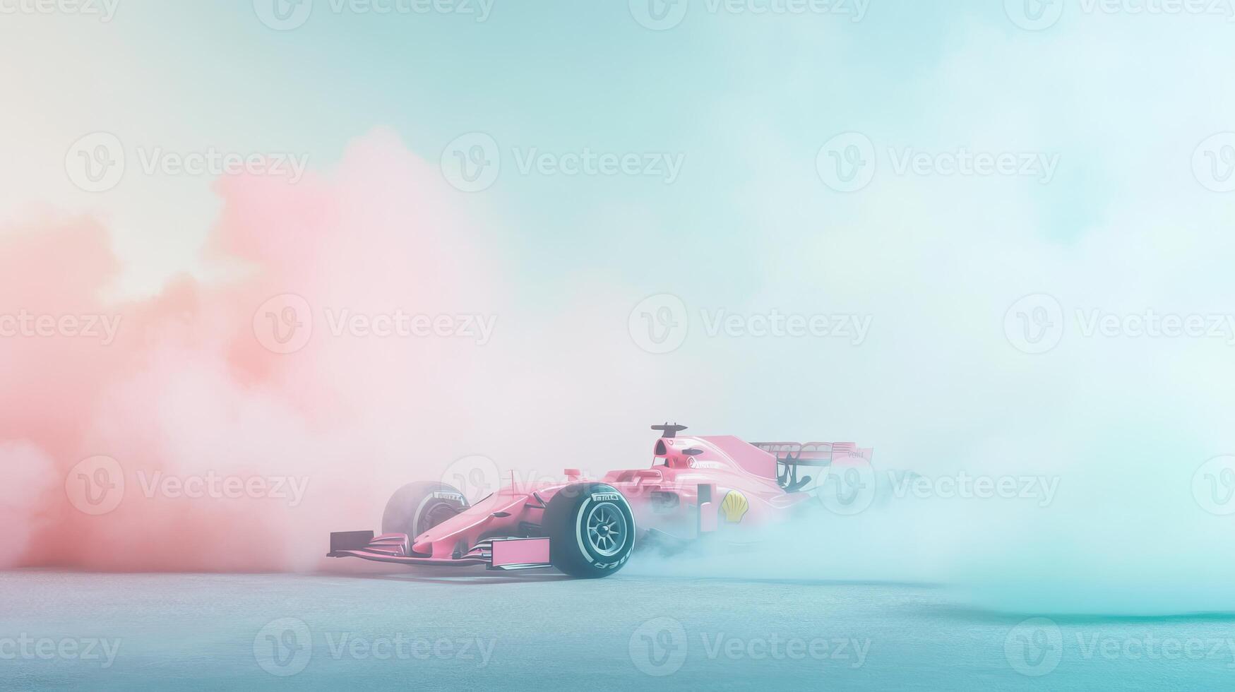 A vibrant and exhilarating scene that captures a highspeed Formula 1 race car in rapid motion, enveloped in an array of colorful smoke, showcasing the incredible speed and immense power it possesses photo