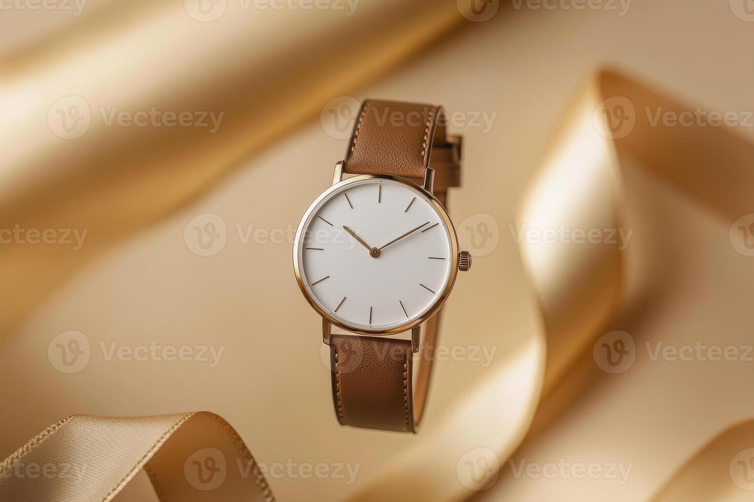 This sophisticated gold watch features a striking white dial and elegant brown strap, set against a warm beige backdrop with decorative ribbons, making it ideal for luxury fashion lovers photo