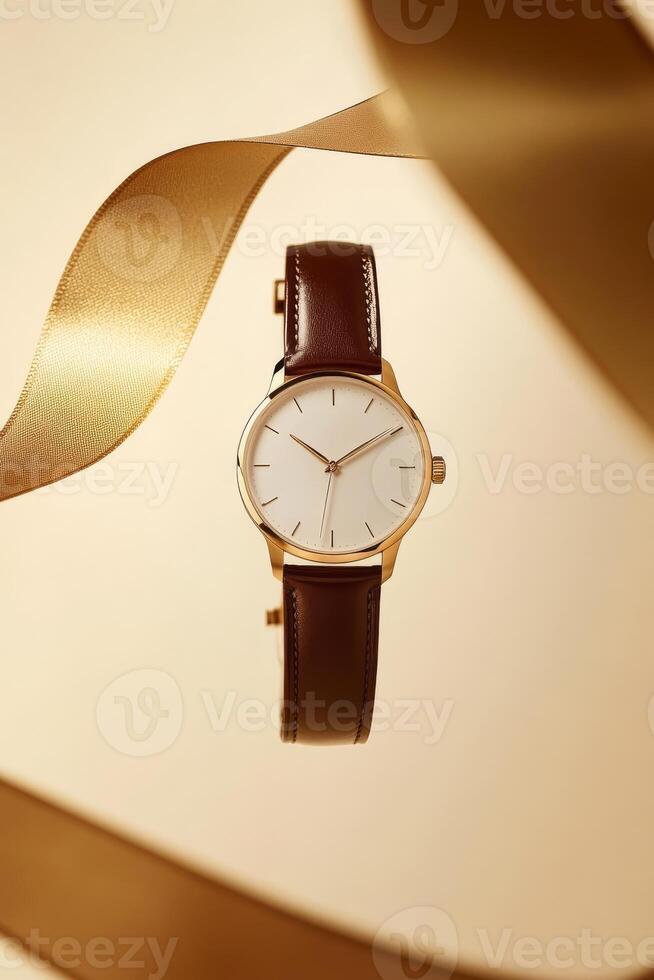 Discover timeless elegance with this stunning gold luxury watch that features a classic white dial and a stylish brown leather strap, making it perfect for any occasion or event you may attend photo