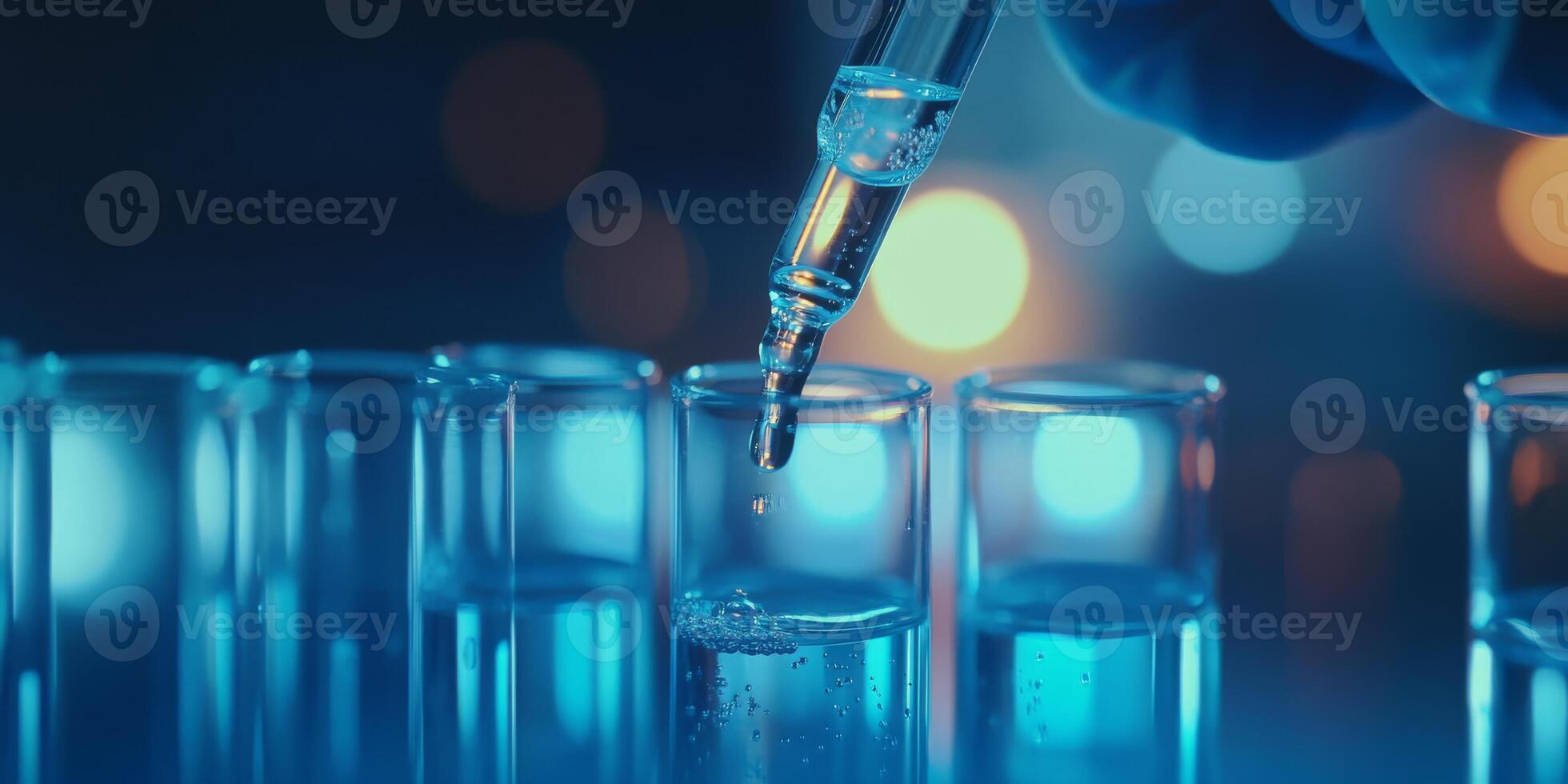 A highly detailed closeup view captures a skilled lab technician as they diligently conduct precise biotechnology research, utilizing various test tubes and pipettes in their meticulous work photo