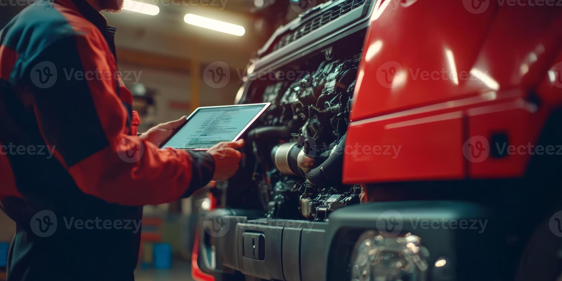 In a busy garage, a skilled mechanic uses a tablet to diagnose a diesel engine in an industrial truck, highlighting modern car repair techniques focused on efficiency and advanced technology photo