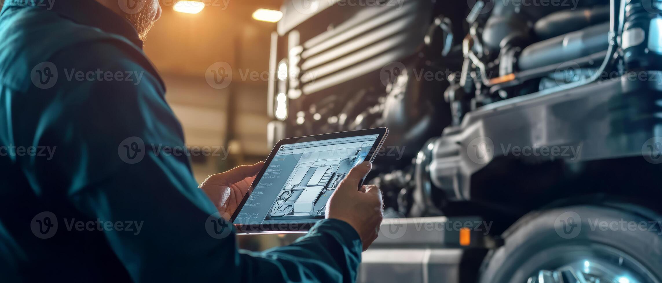 An experienced mechanic uses a stateoftheart tablet to accurately diagnose a complex diesel engine in a large truck, showcasing modern techniques in automotive repair and service photo