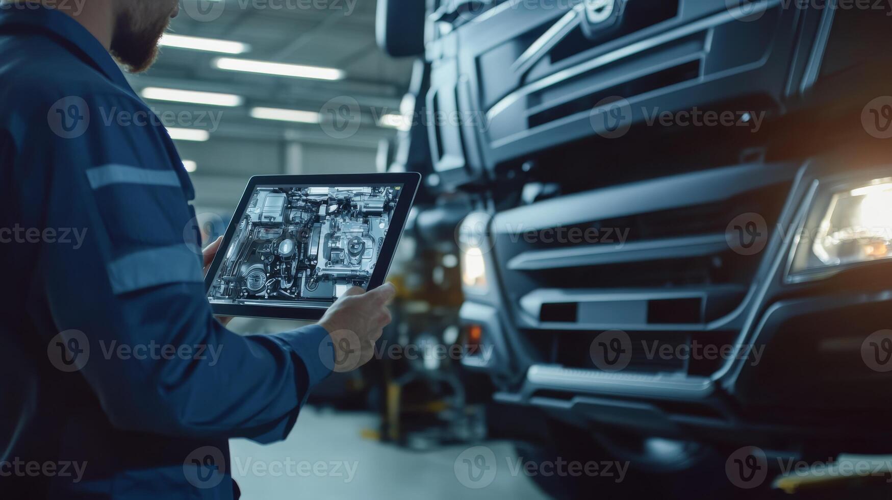 A skilled mechanic uses an advanced tablet to diagnose complex diesel engine issues in heavyduty trucks, highlighting significant advancements in automotive repair technology today photo