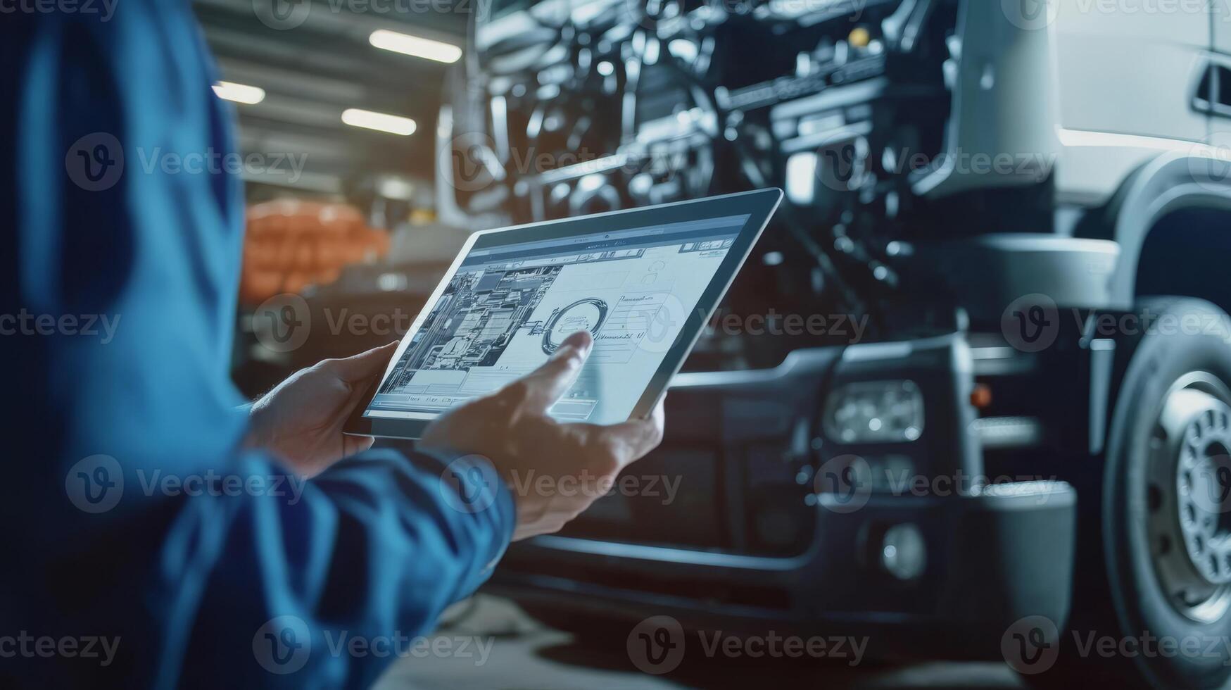 A skilled mechanic uses a tablet to diagnose and troubleshoot complex diesel engine issues in a truck, showcasing the crucial role of modern technology in car repairs and maintenance photo
