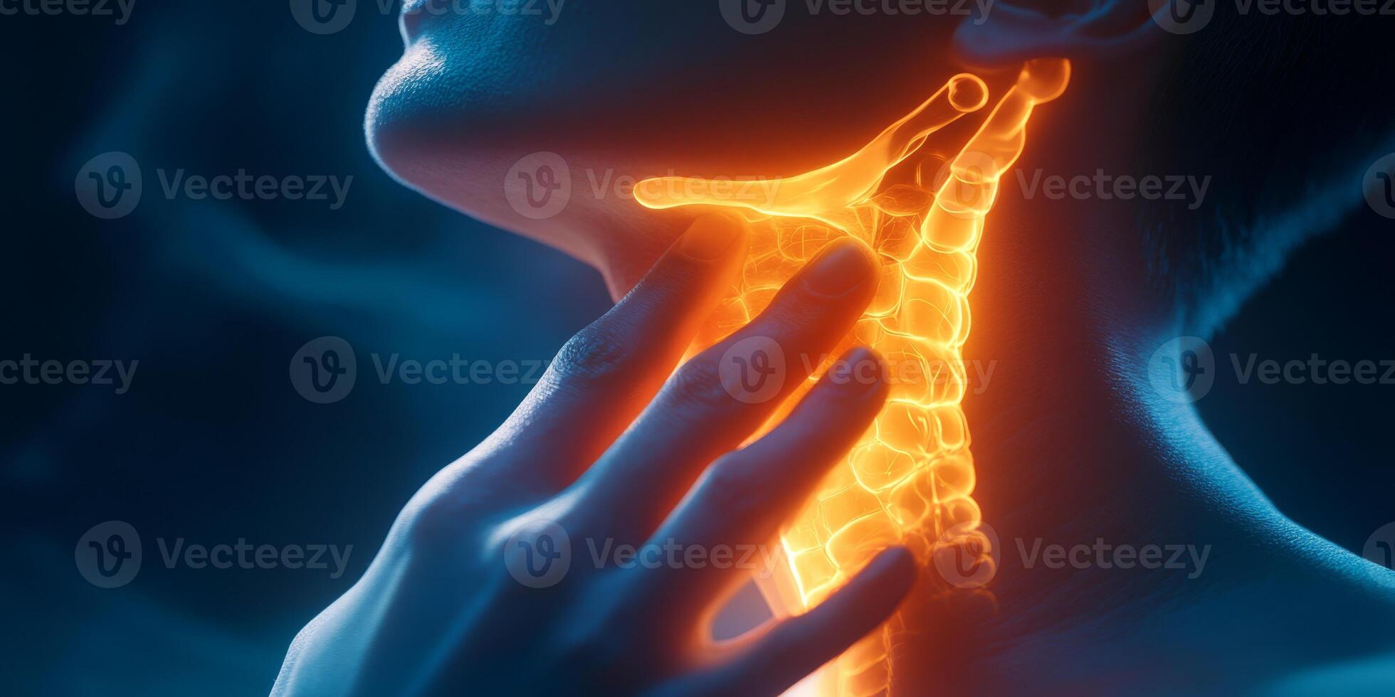 A man is undergoing a thorough health check specifically for potential cancer, as he is experiencing significant neck gland pain and throat issues caused by a swollen thyroid condition photo