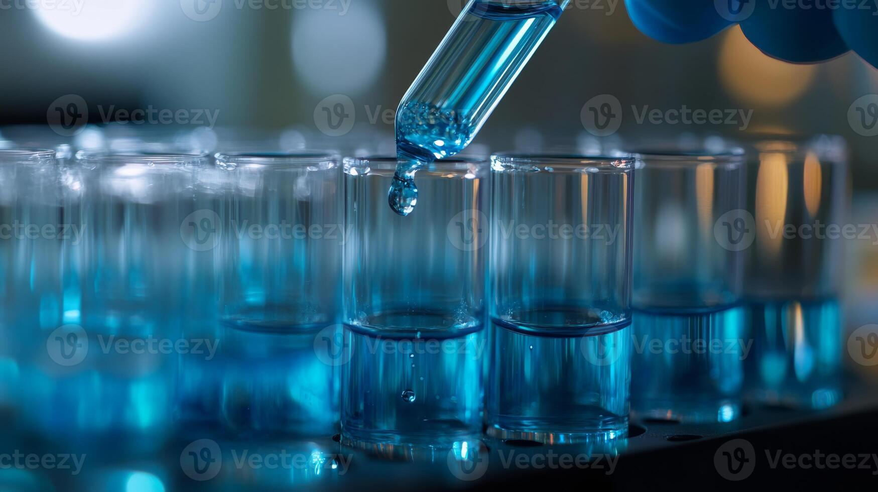 A lab technician uses a precision pipette to transfer a vibrant blue liquid into test tubes, showcasing advancements in biotechnology that are shaping the future of science and healthcare photo