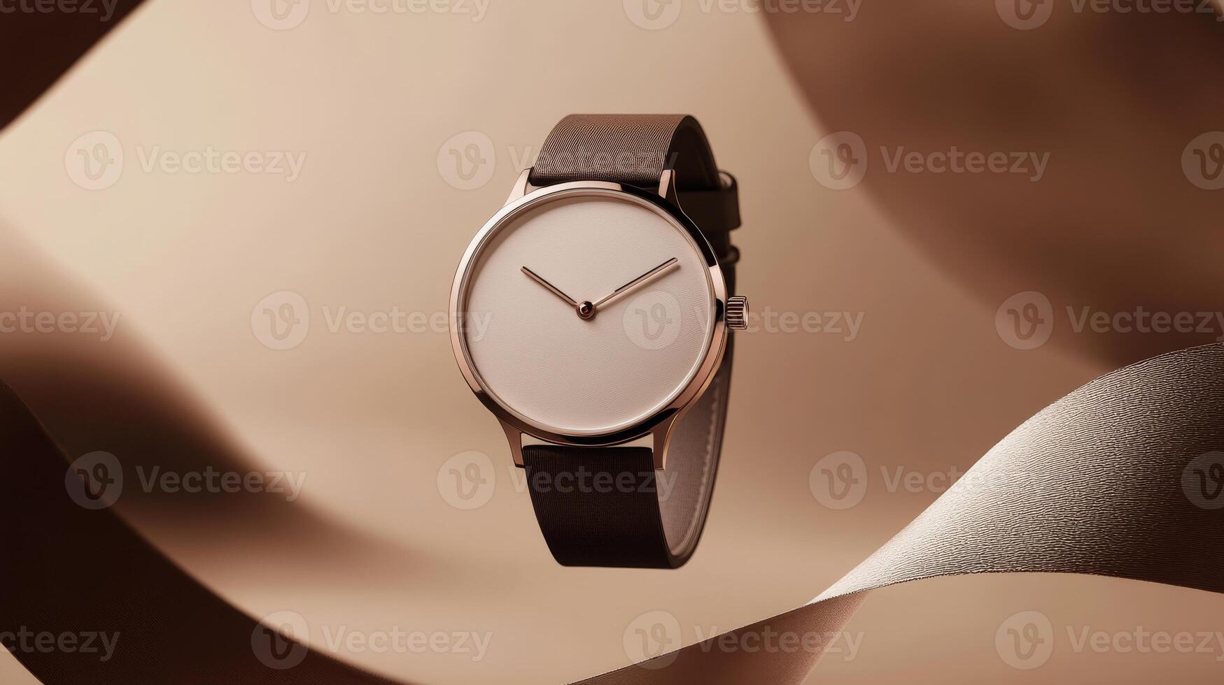 Discover the stunning beauty of this luxurious gold watch that features an elegant white dial, elegantly set against a stylish and sophisticated beige backdrop adorned with artistic ribbons photo