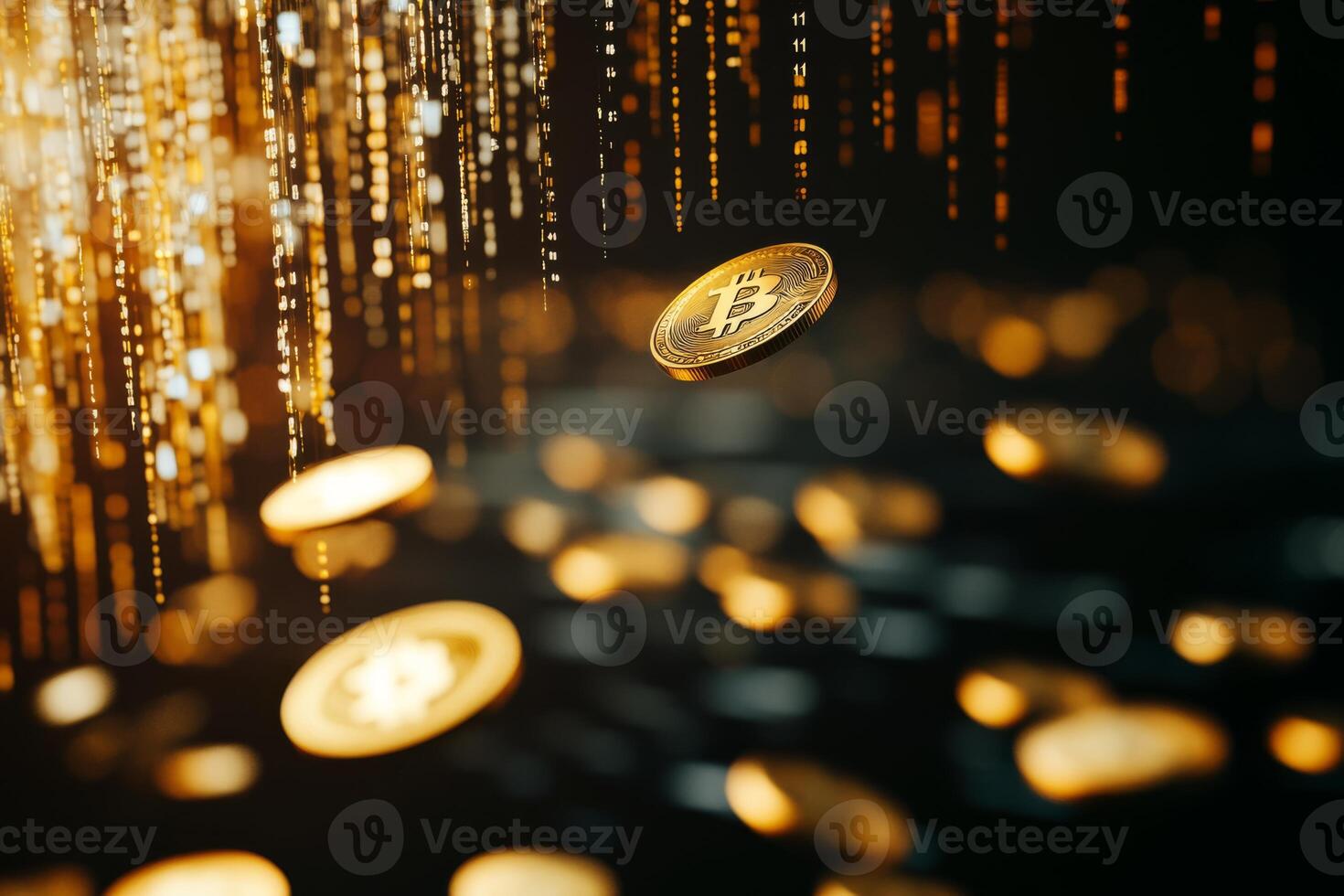 A striking image of shiny gold coins cascading down against a backdrop of intricate binary code, illustrating the concepts of cryptocurrency and digital currency in todays economy photo