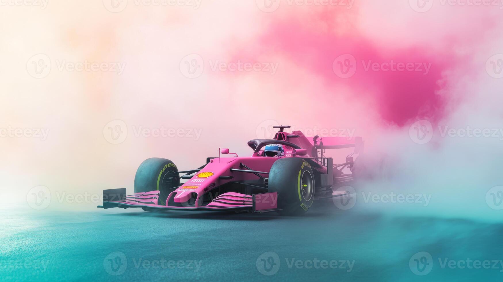 A stunning and vibrant Formula 1 race car commands attention as it takes center stage, showcasing incredible speed and immense power amidst vibrant and colorful smoke on the thrilling racing circuit photo