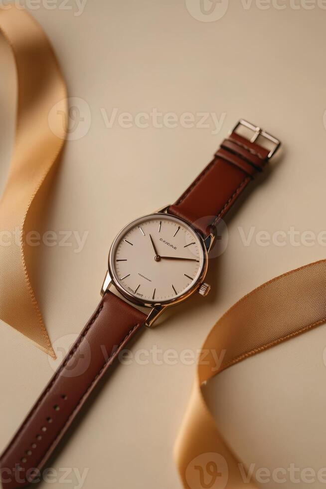 This elegant gold watch features a white dial that contrasts with a brown leather strap, set against a soft beige background with decorative ribbons, enhancing its charm and allure photo
