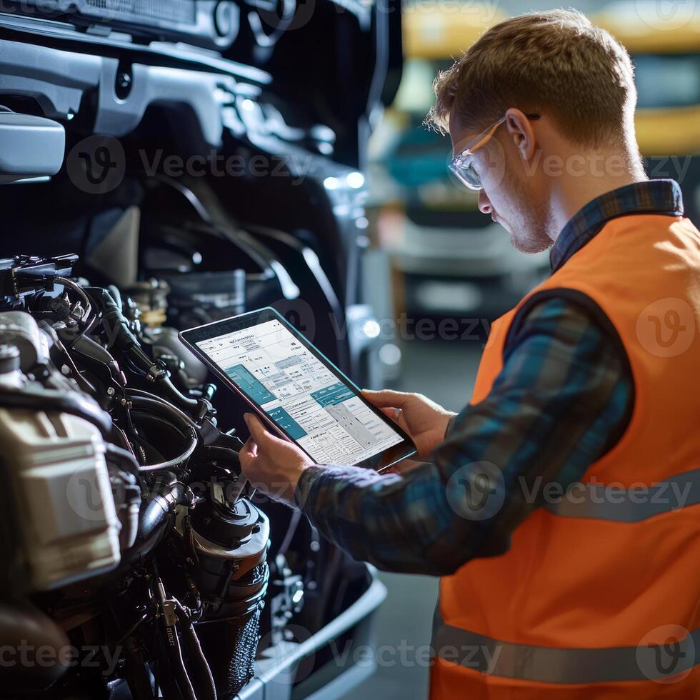 A skilled mechanic in a modern garage uses a tablet to diagnose complex issues in an industrial trucks diesel engine, showcasing the latest advancements in repair techniques and technologies photo