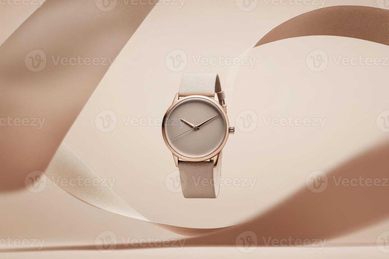 This luxurious gold watch has a pristine white dial and elegant strap, set against a chic beige background. Its perfect for branding or promotional use, appealing to lovers of classic fashion photo