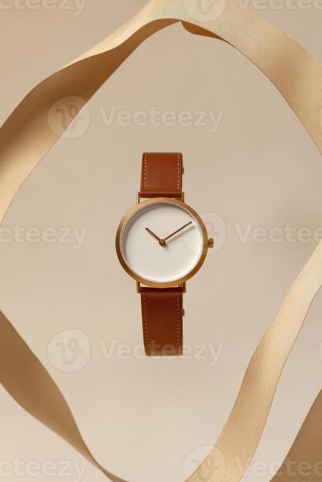 Discover this stunning gold luxury watch with a white dial and rich brown leather strap, perfect for any occasion. It showcases timeless elegance and style, expressing your unique personality photo