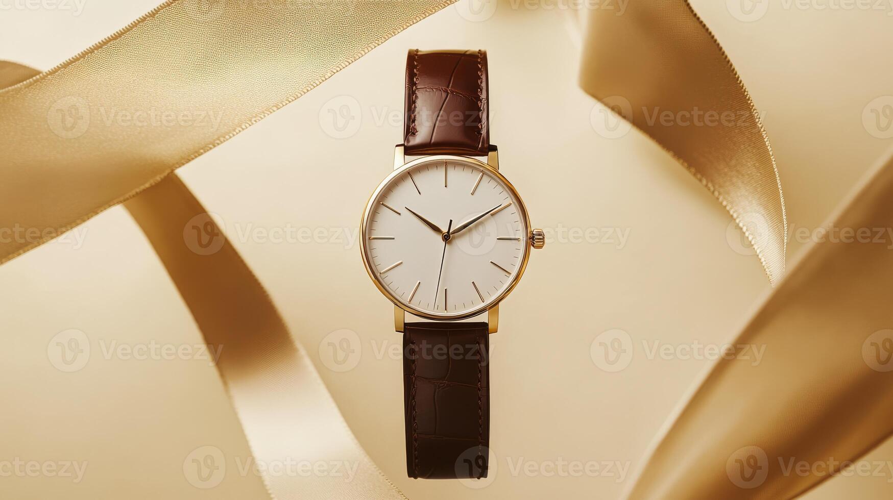 Discover a stunning gold luxury watch with a pristine white dial and stylish brown strap, elegantly set against a soft beige background with decorative ribbons for an upscale look photo