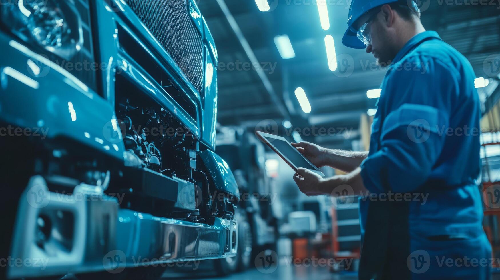 In a bright garage, a skilled mechanic uses a modern tablet to diagnose a complex diesel engine, showcasing the impressive technological advancements in vehicle repair and maintenance photo