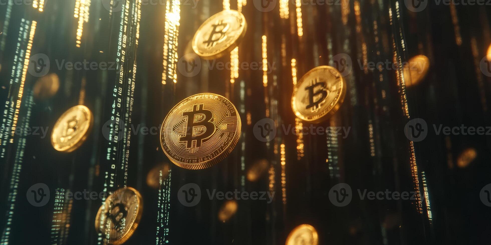 An artistic visualization shows digital gold coins flowing against a backdrop of intricate binary code, symbolizing the evolving world of cryptocurrency and advancements in the financial sector photo