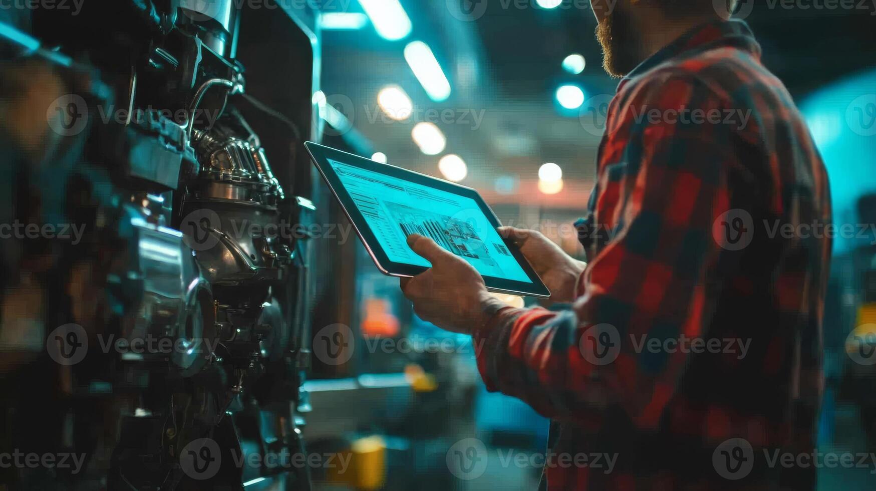 A skilled mechanic employs a modern tablet to effectively diagnose and troubleshoot a diesel engine in an industrial truck garage, highlighting advanced car repair techniques and innovative practices photo